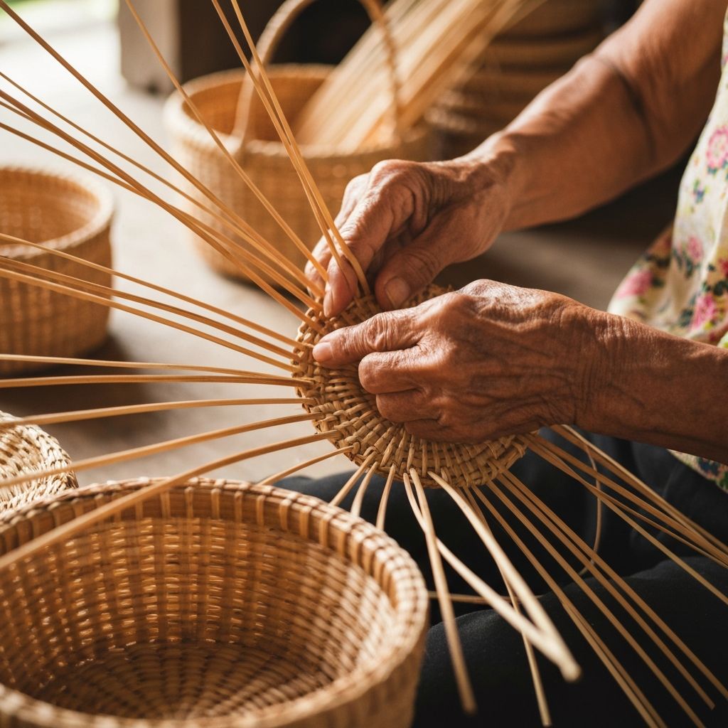 Artisan hands weaving basket